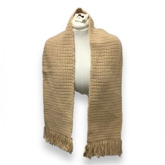 Handmade Unisex Knitted Long Scarf with Fringe, Khaki, OSFA - Picture 3 of 6